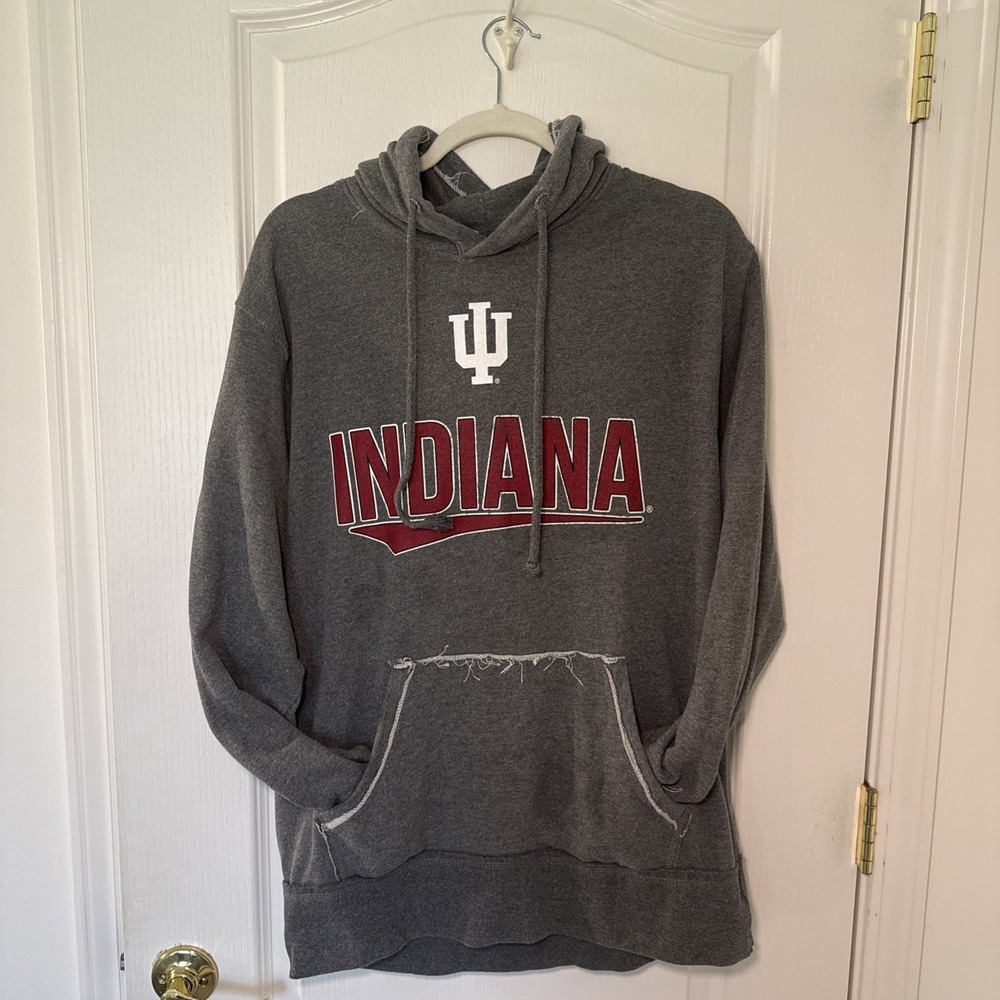 Indiana Hoosiers Gray Pullover Hoodie IU Sweatshirt Mens L Pocket Flaw